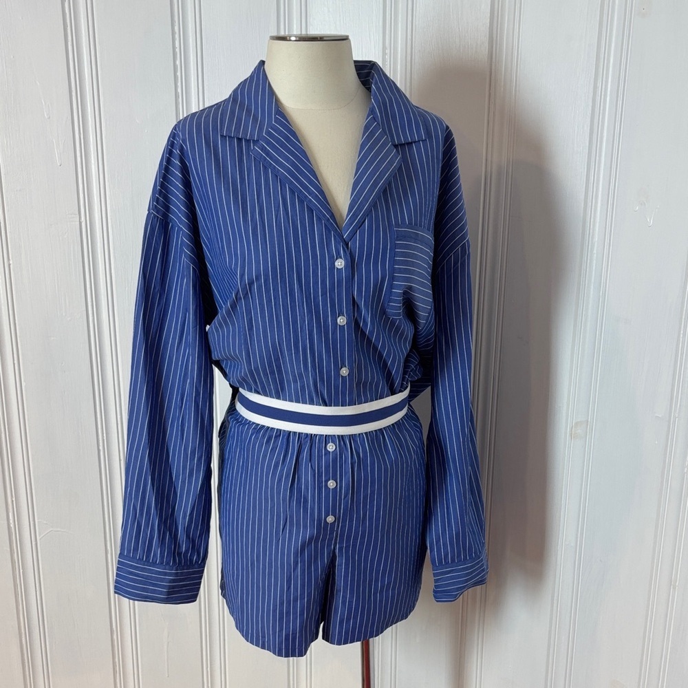NWT Caroline Constas Cobalt Blue Pinstripe Pajama Set - Size XL